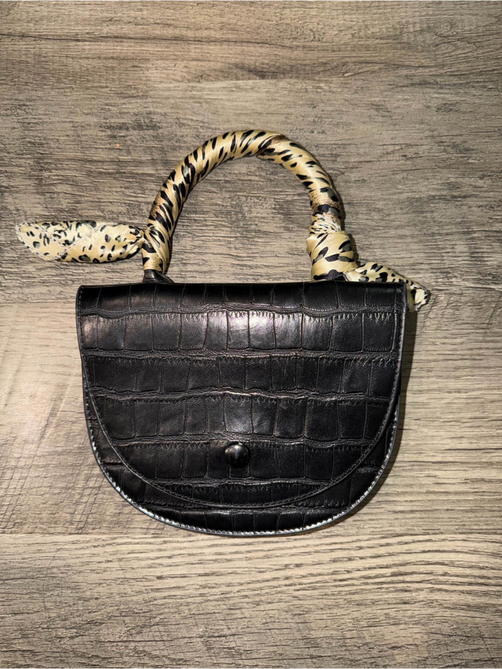 Black Croc-Embossed Half-Moon Handbag w Leopard Scarf Handle, Double Sided